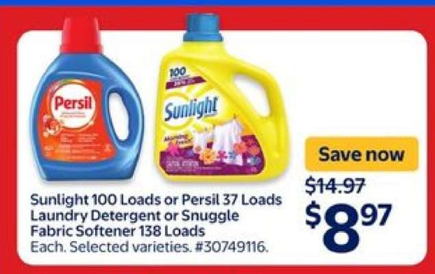 Sunlight 100 Loads or Persil 37 Loads Laundry Detergent or Snuggle Fabric Softener 138 Loads