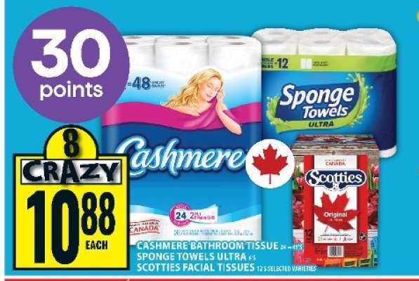 Cashmere Bathroom Tissue, Sponge Towels Ultra, Scotties Facial Tissues