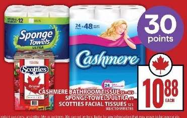 Cashmere Bathroom Tissue, Sponge Towels Ultra, Scotties Facial Tissues