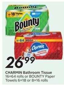 CHARMIN BATHROOM TISSUE or BOUNTY PAPER TOWELS