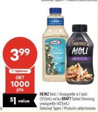 HEINZ Aioli / Vinaigrette à l'Aïoli (355mL) or/ou KRAFT Salad Dressing vinaigrette (425mL)