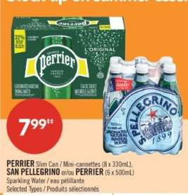 PERRIER Slim Can / Mini-canettes (8 x 330mL) SAN PELLEGRINO or/ou PERRIER (6 x 500mL)