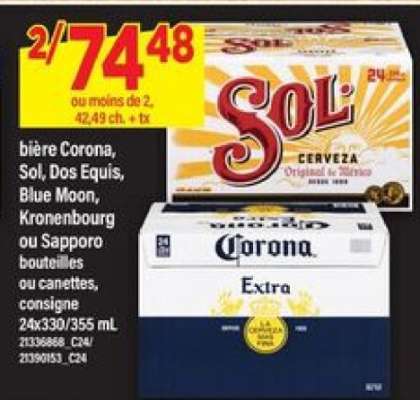 bière Corona, Sol, Dos Equis, Blue Moon, Kronenbourg ou Sapporo