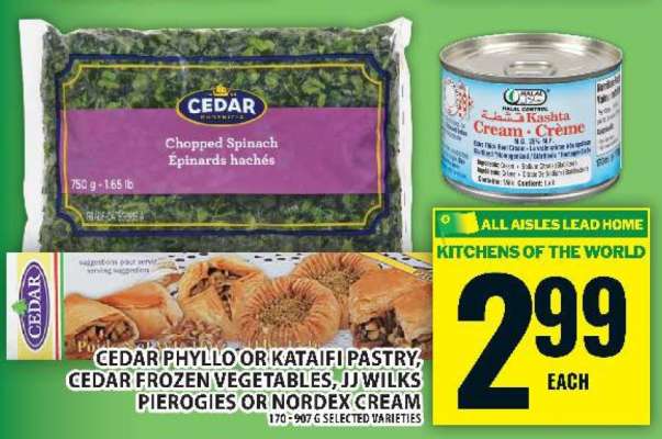 Cedar Phyllo or Kataifi Pastry, Cedar Frozen Vegetables, JJ Wilks Pierogies or Nordex Cream