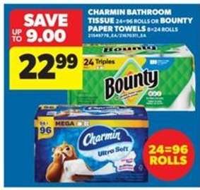 CHARMIN BATHROOM TISSUE or BOUNTY PAPER TOWELS