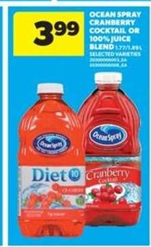 OCEAN SPRAY CRANBERRY COCKTAIL or 100% JUICE BLEND