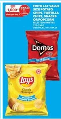 FRITO LAY VALUE SIZE POTATO CHIPS, TORTILLA CHIPS, SNACKS OR POPCORN