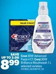 Crest 3DW Advanced Paste 4 CT, Crest 3DW Brilliance Mouthwash 1 L