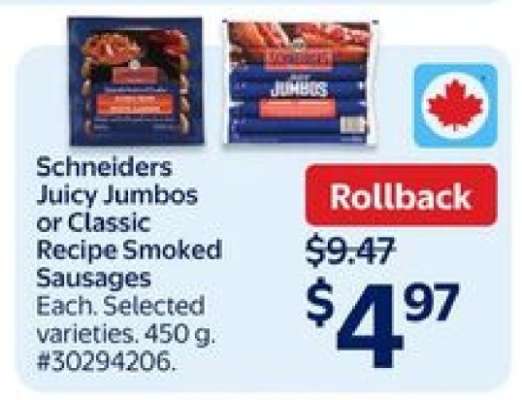 Schneiders Juicy Jumbos or Classic Recipe Smoked Sausages