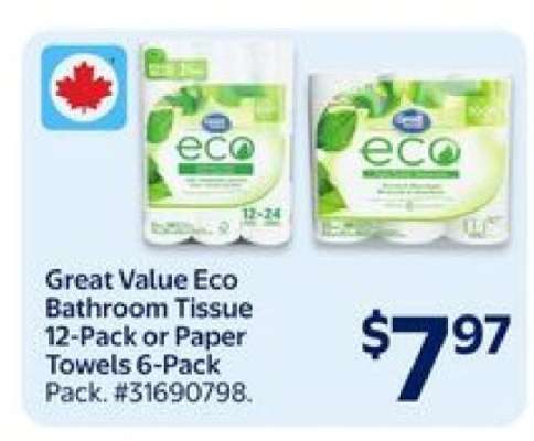 Great Value Eco Bathroom Tissue 12-Pack or Paper Towels 6-Pack