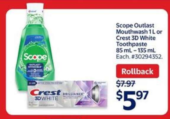Scope Outlast Mouthwash 1 L or Crest 3D White Toothpaste