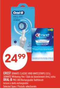 CREST 3DWHITE CLASSIC VIVID WHITESTRIPS (10's), 3DWHITE Whitening Pen / Stylo de blanchiment (4mL) or/or ORAL-B PRO 300 Rechargeable Toothbrush