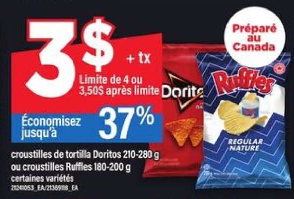 Croustilles de tortilla Doritos ou croustilles Ruffles