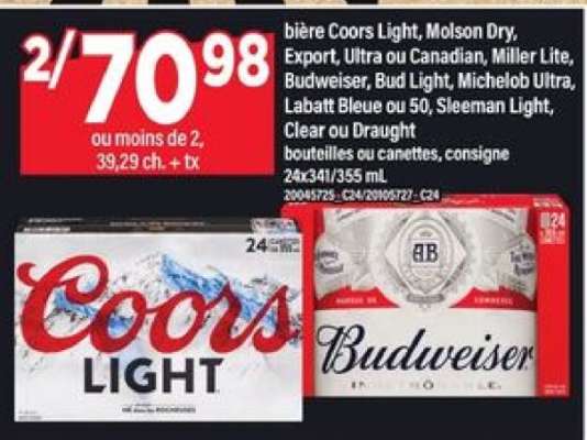 bière Coors Light, Molson Dry, Export, Ultra ou Canadian, Miller Lite, Budweiser, Bud Light, Michelob Ultra, Labatt Bleue ou 50, Sleeman Light, Clear ou Draught