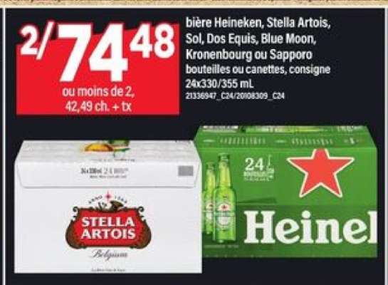 bière Heineken, Stella Artois, Sol, Dos Equis, Blue Moon, Kronenbourg ou Sapporo