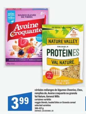 Céréales mélanges de légumes Cheerios, Chex, remplies de, Avoine croquante ou granola Val Nature, General Mills