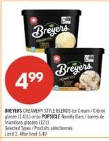BREYERS CREAMERY STYLE BLENDS Ice Cream / Crème glacée (1.4 L) or/or POPSICLE Novelty Bars / barres de friandises glacées (12's)