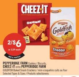 PEPPERIDGE FARM Cookies / Biscuits, CHEEZ-IT or/ou PEPPERIDGE FARM GOLDFISH Baked Snack Crackers