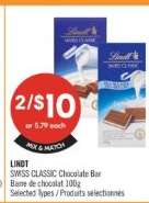 LINDT SWISS CLASSIC CHOCOLATE BAR