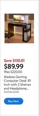 Madesa Gaming Computer Desk 39 Inch with 2 Shelves and Headphone