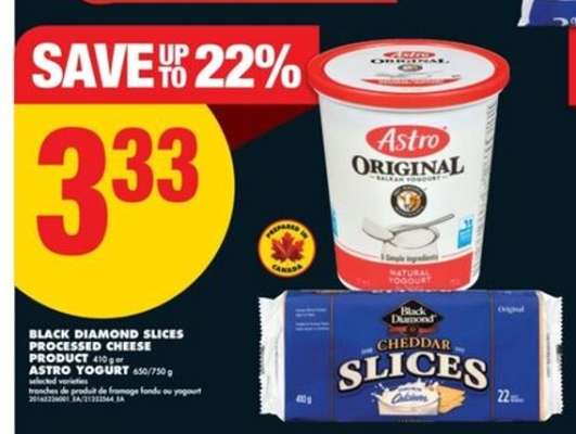Black Diamond Slices Processed Cheese Product or Astro Yogurt