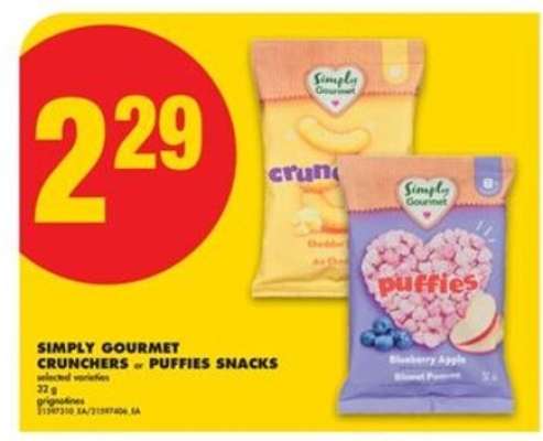SIMPLY GOURMET CRUNCHERS OR PUFFIES SNACKS