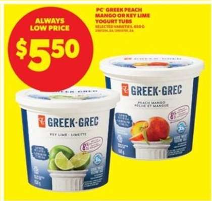 PC Greek Peach Mango or Key Lime Yogurt Tubs