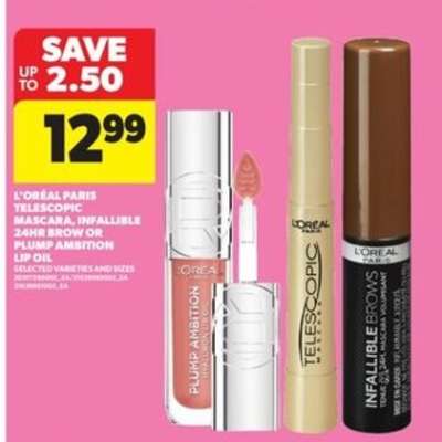 L'Oréal Paris Telescopic Mascara, Infallible 24HR Brow or Plump Ambition Lip Oil