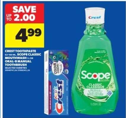 Crest Toothpaste, Scope Classic Mouthwash, Oral-B Manual Toothbrush