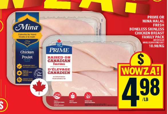 PRIME OR MINA HALAL FRESH BONELESS SKINLESS CHICKEN BREAST FAMILY PACK