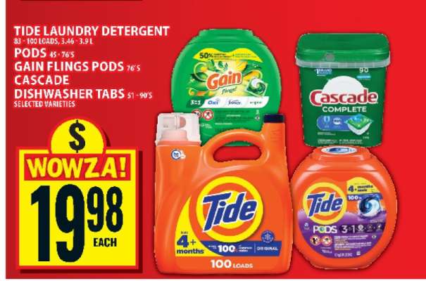 Tide Laundry Detergent, Gain Flings Pods, Cascade Dishwasher Tabs