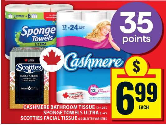 Cashmere Bathroom Tissue, Sponge Towels Ultra, Scotties Facial Tissue