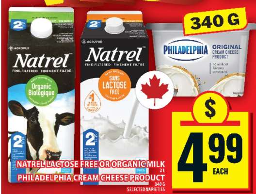 Natrel Lactose Free or Organic Milk / Philadelphia Cream Cheese Product