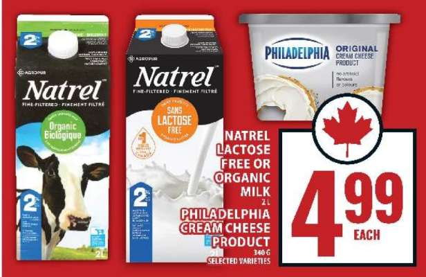 Natrel Lactose Free or Organic Milk / Philadelphia Cream Cheese Product