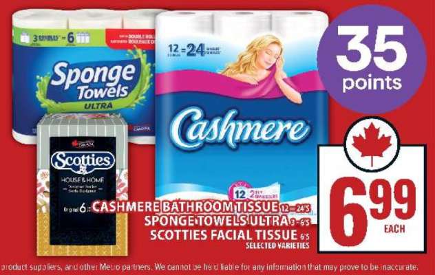 Cashmere Bathroom Tissue, Sponge Towels Ultra, Scotties Facial Tissue