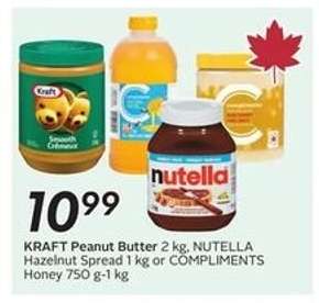 KRAFT Peanut Butter 2 kg, NUTELLA Hazelnut Spread 1 kg or COMPLIMENTS Honey 750 g-1 kg