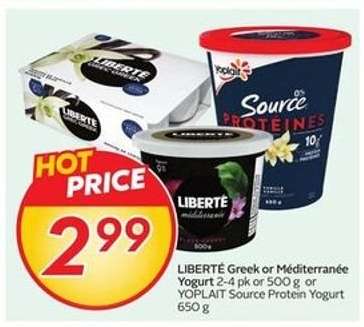 LIBERTÉ Greek or Méditerranée Yogurt / YOPLAIT Source Protein Yogurt