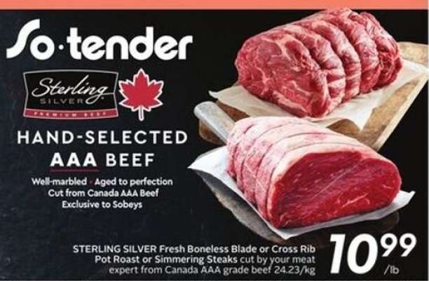 STERLING SILVER Fresh Boneless Blade or Cross Rib Pot Roast or Simmering Steaks