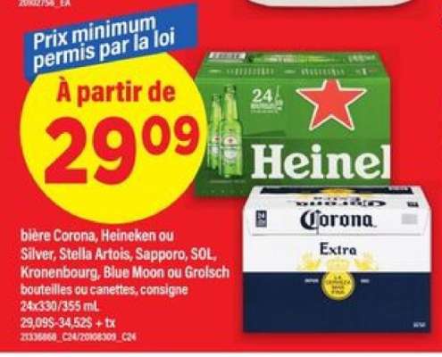 Bière Corona, Heineken ou Silver, Stella Artois, Sapporo, SOL, Kronenbourg, Blue Moon ou Grolsch