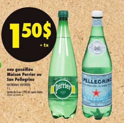 eau gazéifiée Maison Perrier ou San Pellegrino