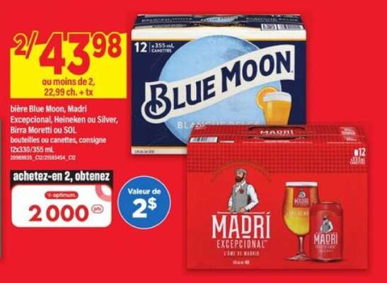 Blue Moon, Madri Excepcional, Heineken ou Silver, Birra Moretti ou SOL
