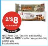 QUEST Protein Chips / Crustilles protéinées (32g), GRENADE or/ou QUEST Protein Bar / barre protéinée (60g)