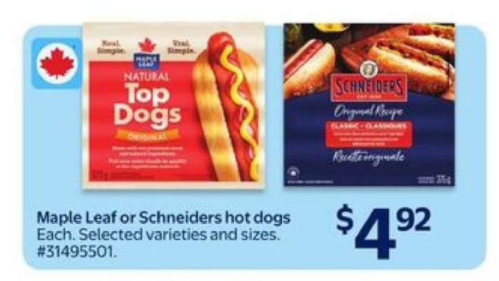 Maple Leaf or Schneiders hot dogs