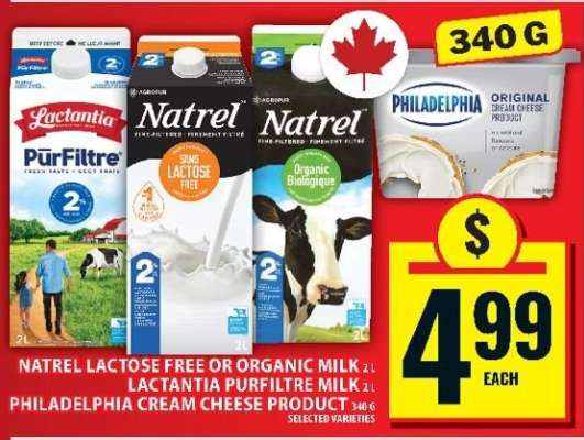 Natrel Lactose Free or Organic Milk, Lactantia PurFiltre Milk, Philadelphia Cream Cheese Product