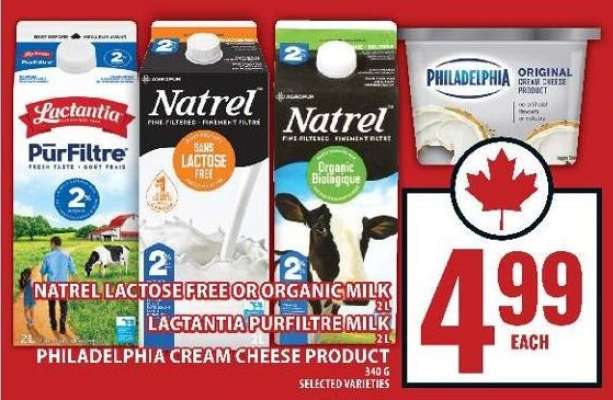 Natrel Lactose Free or Organic Milk, Lactantia PurFiltre Milk, Philadelphia Cream Cheese