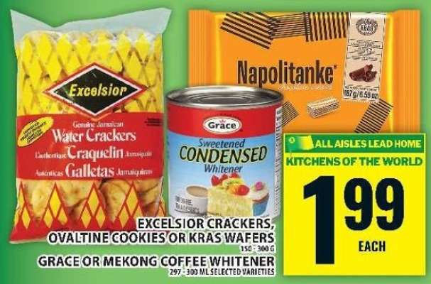 Excelsior Crackers, Ovaltine Cookies or Kras Wafers, Grace or Mekong Coffee Whitener