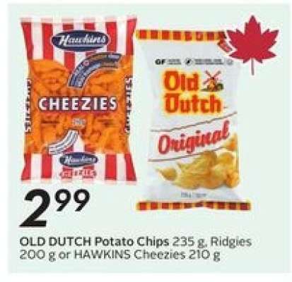 OLD DUTCH Potato Chips 235 g, Ridges 200 g or HAWKINS Cheezies 210 g