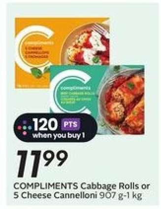 COMPLIMENTS Cabbage Rolls or 5 Cheese Cannelloni