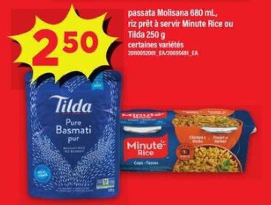 passata Molisana 680 mL, riz prêt à servir Minute Rice ou Tilda 250 g