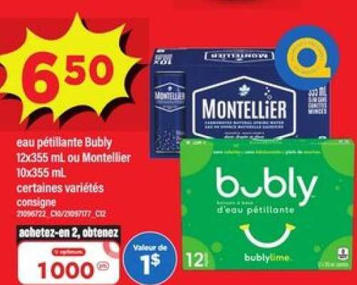 eau pétillante Bubly 12x355 mL ou Montellier 10x355 mL